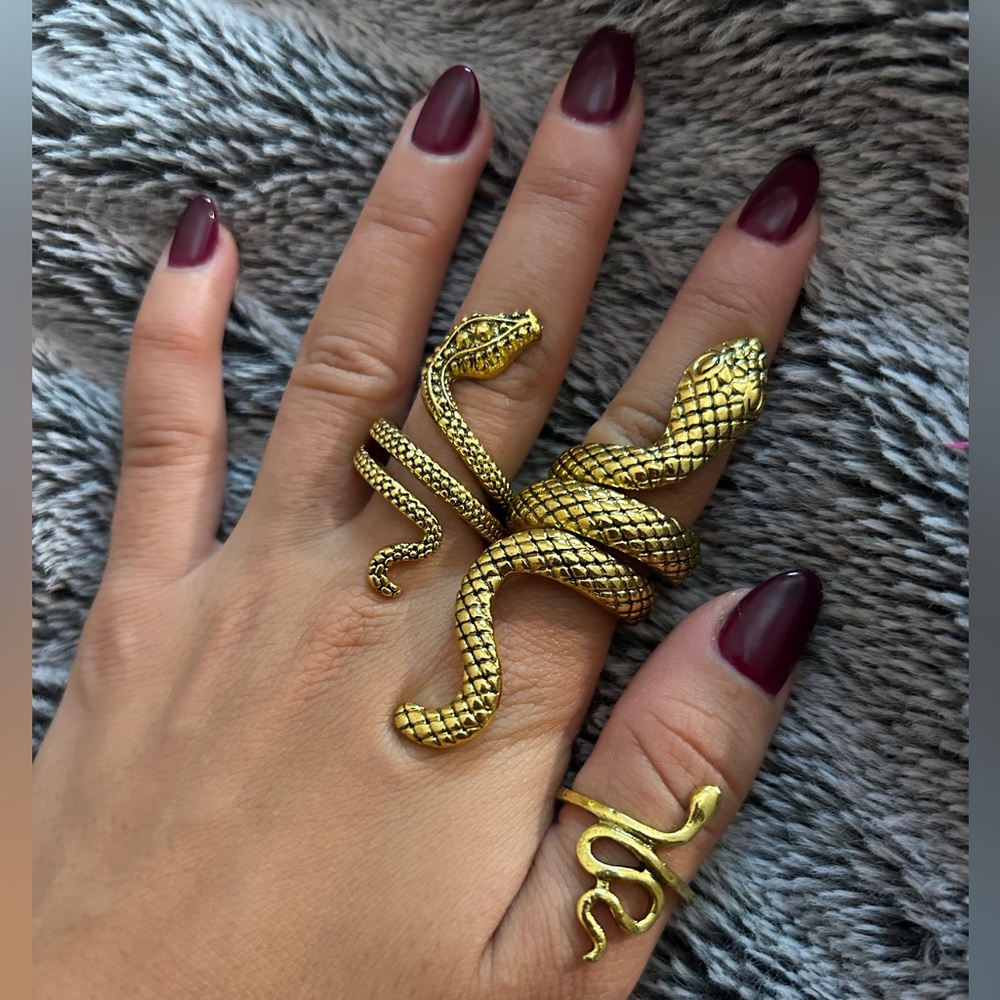 Snake ring set - 3 gold rings, all except the one on my thumb are adjustable
